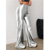 imageMakeMeChic Womens Faux Leather Pants Wide Leg Straight Baggy Trousers with PocketsSilver