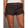 imageMakeMeChic Womens PU Leather Lace Up Ruched Tie Side Micro Shorts Low Waist Belted Skinny Fit Mini ShortBrown