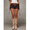 imageMakeMeChic Womens PU Leather Lace Up Ruched Tie Side Micro Shorts Low Waist Belted Skinny Fit Mini ShortBrown