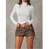 imageMakeMeChic Womens PU Leather Lace Up Ruched Tie Side Micro Shorts Low Waist Belted Skinny Fit Mini ShortCoffee Brown