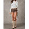 imageMakeMeChic Womens PU Leather Lace Up Ruched Tie Side Micro Shorts Low Waist Belted Skinny Fit Mini ShortCoffee Brown