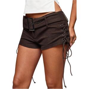 imageMakeMeChic Womens PU Leather Lace Up Ruched Tie Side Micro Shorts Low Waist Belted Skinny Fit Mini ShortBrown