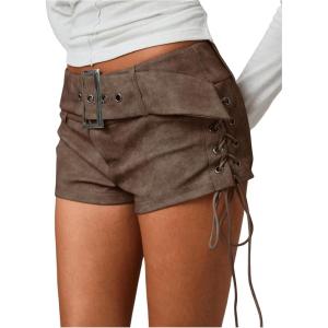 imageMakeMeChic Womens PU Leather Lace Up Ruched Tie Side Micro Shorts Low Waist Belted Skinny Fit Mini ShortCoffee Brown