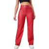 imageMakeMeChic Womens High Waist Pockets Straight Leg Jeans Leather Look PantsRed