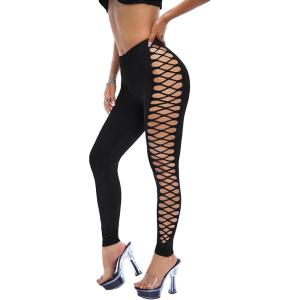 imageMakeMeChic Womens Cut Out Sexy Leggings Criss Cross Skinny Pants Party ClubwearBlack