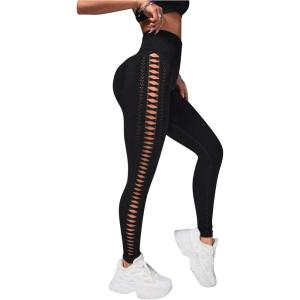 imageMakeMeChic Womens Cut Out Sexy Leggings Criss Cross Skinny Pants Party ClubwearBlack G