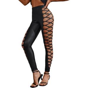 imageMakeMeChic Womens Cut Out Sexy Leggings Criss Cross Skinny Pants Party ClubwearBlack Leather
