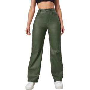 imageMakeMeChic Womens High Waist Pockets Straight Leg Jeans Leather Look PantsArmy Green