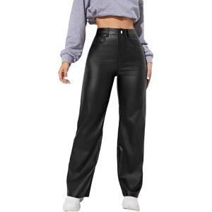 imageMakeMeChic Womens High Waist Pockets Straight Leg Jeans Leather Look PantsBlack