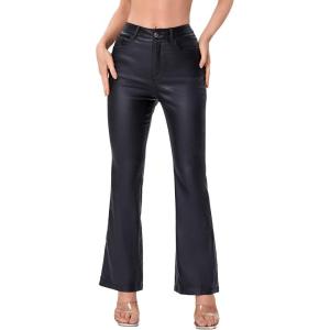 imageMakeMeChic Womens High Waist Pockets Straight Leg Jeans Leather Look PantsBlack Flare