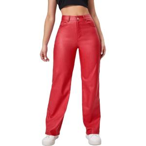 imageMakeMeChic Womens High Waist Pockets Straight Leg Jeans Leather Look PantsRed