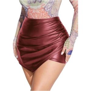 imageMakeMeChic Womens PU Leather Asymmetrical Hem Skort Ruched Zip Fly High Waisted Party ShortsBurgundy
