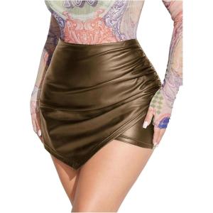 imageMakeMeChic Womens PU Leather Asymmetrical Hem Skort Ruched Zip Fly High Waisted Party ShortsCoffee Brown