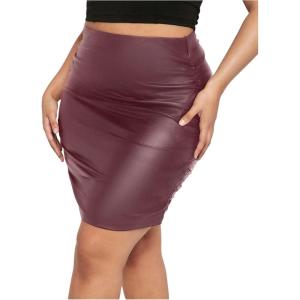 imageMakeMeChic Womens Plus Size PU Leather Ruched Slim Fit Bodycon Solid Color Pencil Mini SkirtHot Pink