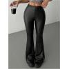 imageMakeMeChic Womens Faux Leather Flared Pants Party High Waisted Leather Pants Bell BottomBlack