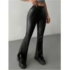 imageMakeMeChic Womens Faux Leather Flared Pants Party High Waisted Leather Pants Bell BottomBlack