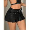 imageMakeMeChic Womens PU Leather Y2K Skirts Low Waisted Buckle Belted Pleated Mini Skater SkirtsBlack B