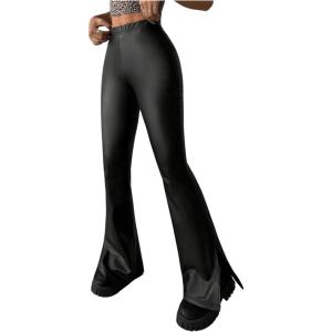 imageMakeMeChic Womens Faux Leather Flared Pants Party High Waisted Leather Pants Bell BottomBlack