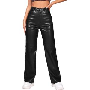 imageMakeMeChic Womens Faux Leather Pants Straight Wide Leg Leather Pants BlackBlack