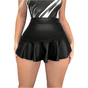 imageMakeMeChic Womens Faux Leather Ruffle Mini Skirt Elastic High Waisted Shorts SkortBlack