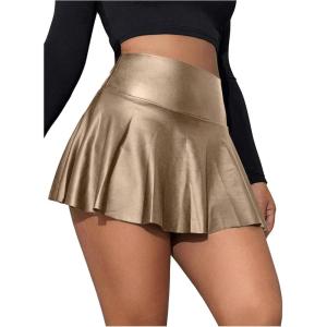 imageMakeMeChic Womens Faux Leather Skirt Y2K Mini Skirt Elastic High Waist A Line Flowy Skort ShortsBrown