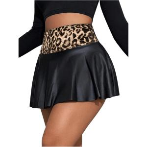 imageMakeMeChic Womens Faux Leather Skirt Y2K Mini Skirt Elastic High Waist A Line Flowy Skort ShortsLeopard Multi