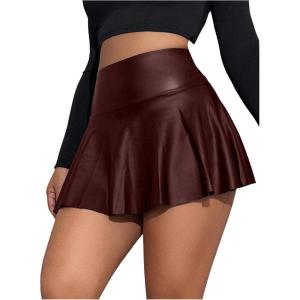 imageMakeMeChic Womens Faux Leather Skirt Y2K Mini Skirt Elastic High Waist A Line Flowy Skort ShortsRust Brown