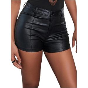 imageMakeMeChic Womens PU Leather Skinny Shorts Back Pocket Zip Up Straight Leg ShortsBlack