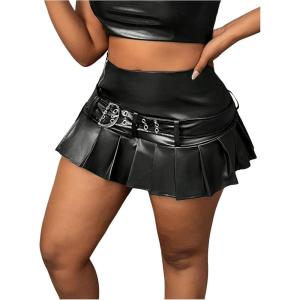 imageMakeMeChic Womens PU Leather Y2K Skirts Low Waisted Buckle Belted Pleated Mini Skater SkirtsBlack a