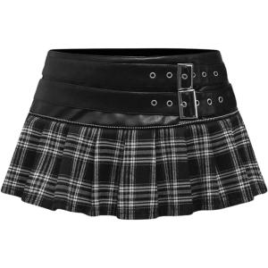 imageMakeMeChic Womens PU Leather Y2K Skirts Low Waisted Buckle Belted Pleated Mini Skater SkirtsBlack and Blue
