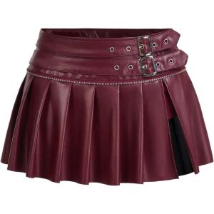 imageMakeMeChic Womens PU Leather Y2K Skirts Low Waisted Buckle Belted Pleated Mini Skater SkirtsBurgundy