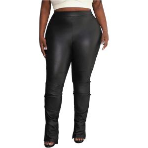 imageMakeMeChic Womens Plus Size Faux Leather Leggings High Waist Split Stretch Skinny PantsBlack
