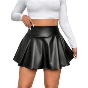 imageMakeMeChic Womens Plus Size PU Faux Leather Skirt A Line Flared Mini Skater Skirts SkortsBlack