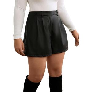 imageMakeMeChic Womens Plus Size PU Leather Shorts Loose Button Front High Waist ShortsBlack