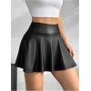 imageMakeMeChic Girls PU Leather A Line Mini Skirt Flared Hem Ruffle Summer Short Skirts with PocketBlack