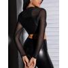 imageMakeMeChic Womens Faux Leather Crop Tops Y2K Cut Out Mesh Sheer Long Sleeve Mock Neck Tee ShirtsBlack