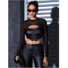 imageMakeMeChic Womens Faux Leather Crop Tops Y2K Cut Out Mesh Sheer Long Sleeve Mock Neck Tee ShirtsBlack