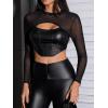 imageMakeMeChic Womens Faux Leather Crop Tops Y2K Cut Out Mesh Sheer Long Sleeve Mock Neck Tee ShirtsBlack