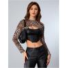 imageMakeMeChic Womens Faux Leather Crop Tops Y2K Cut Out Mesh Sheer Long Sleeve Mock Neck Tee ShirtsBlack and Brown