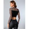 imageMakeMeChic Womens Faux Leather Crop Tops Y2K Cut Out Mesh Sheer Long Sleeve Mock Neck Tee ShirtsBlack and Brown