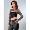 imageMakeMeChic Womens Faux Leather Crop Tops Y2K Cut Out Mesh Sheer Long Sleeve Mock Neck Tee ShirtsBlack and Brown