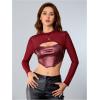 imageMakeMeChic Womens Faux Leather Crop Tops Y2K Cut Out Mesh Sheer Long Sleeve Mock Neck Tee ShirtsBurgundy