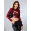 imageMakeMeChic Womens Faux Leather Crop Tops Y2K Cut Out Mesh Sheer Long Sleeve Mock Neck Tee ShirtsBurgundy