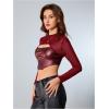 imageMakeMeChic Womens Faux Leather Crop Tops Y2K Cut Out Mesh Sheer Long Sleeve Mock Neck Tee ShirtsBurgundy