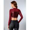 imageMakeMeChic Womens Faux Leather Crop Tops Y2K Cut Out Mesh Sheer Long Sleeve Mock Neck Tee ShirtsBurgundy