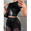 imageMakeMeChic Womens Mock Neck Short Sleeve PU Leather Y2K Tee Shirts Party Crop TopsBlack