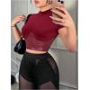 imageMakeMeChic Womens Mock Neck Short Sleeve PU Leather Y2K Tee Shirts Party Crop TopsRed