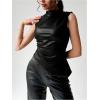 imageMakeMeChic Womens PU Leather Tank Top Mock Neck Y2k Ruched Party Sleeveless Leather TopsBlack