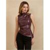 imageMakeMeChic Womens PU Leather Tank Top Mock Neck Y2k Ruched Party Sleeveless Leather TopsBurgundy