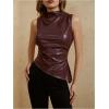 imageMakeMeChic Womens PU Leather Tank Top Mock Neck Y2k Ruched Party Sleeveless Leather TopsBurgundy